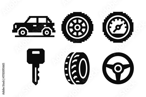 Monochrome car elements: wheel, speedometer, key, steering and more