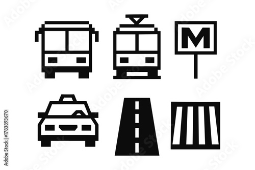 Public transport and traffic icons set: bus, tram, taxi, road, metro sign, crosswalk