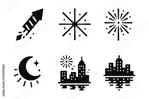 Festive icons collection: fireworks, cityscape, moon, firecracker in black silhouette style