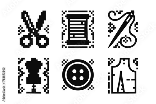 Pixel art sewing icons: scissors, thread, needle, mannequin, button, pattern
