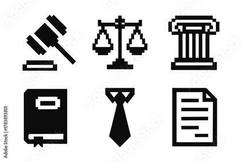 Pixel art legal icons featuring gavel, scales, column, book, tie, and document