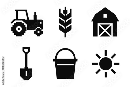 Silhouette farm icons: tractor, wheat, barn, shovel, bucket, sun