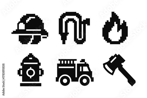 Pixel art firefighting icons: helmet, hose, flame, hydrant, fire truck, axe