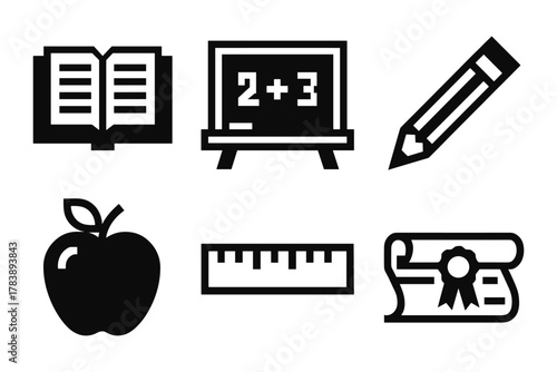 Education icons set: book, blackboard, pencil, apple, ruler, diploma