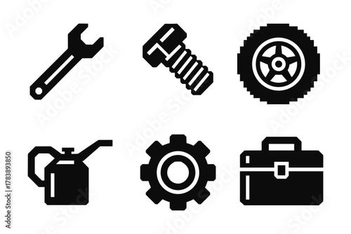 Flat style black icons of tools and mechanical parts for industrial and automotive use