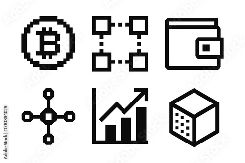 Blockchain and cryptocurrency icons in pixel art style