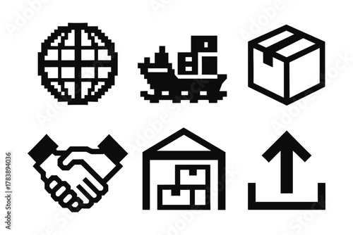 Bold pixel icons depicting global shipping and logistics concepts