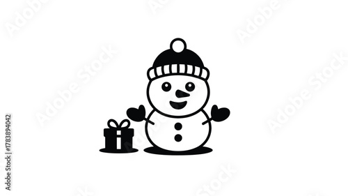 A charming cartoon snowman wearing a striped hat and mittens with a gift box rendered in a simple black and white silhouette style for holiday and winter themes silhouette