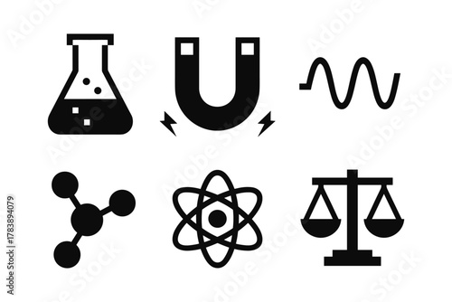 Science icon set featuring chemistry, physics, and balance symbols in bold silhouette style