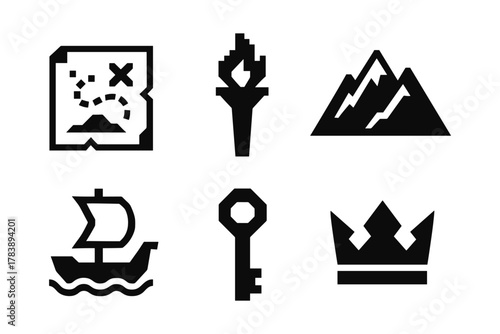 Adventure icons set: map, torch, mountains, ship, key, crown in black silhouette style