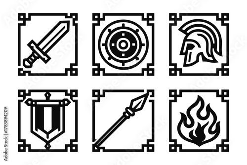 Minimalist icon set of ancient greek warrior elements in black linear style