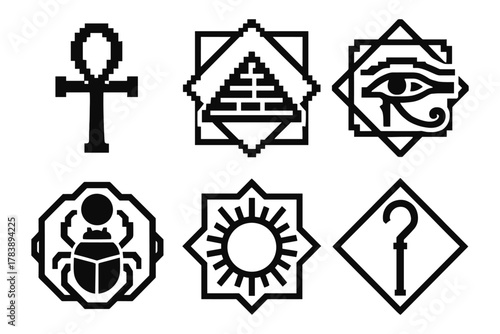 Pixel art egyptian symbols: ankh, pyramid, eye of horus, scarab, sun, crook and flail
