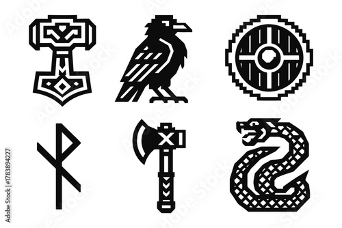 Viking motif set: mjolnir, raven, shield, rune, axe, serpent in bold linear style