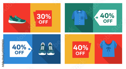 Casual fashion sale banners with shoes and apparel featuring discount labels in flat design