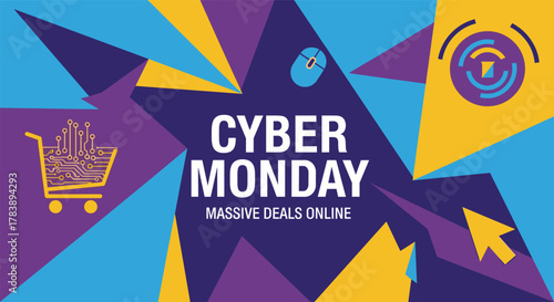 Cyber monday online shopping deals with colorful abstract shapes and technology icons