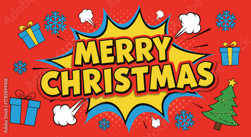 Bold comic style merry christmas celebration with gifts and snowflakes