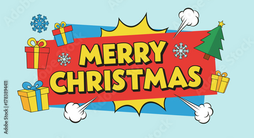 Festive comic style merry christmas design with gifts and snowflakes