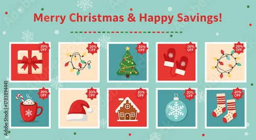 Festive holiday sale with christmas icons and discounts on gifts and decorations