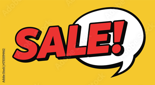 Bold comic style sale banner with yellow background and speech bubble