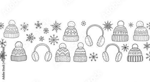 Hand-drawn winter patterns with knitted hats, earmuffs, and snowflakes for seasonal designs