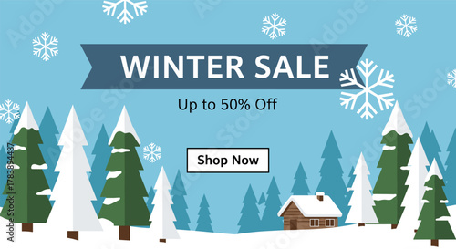Winter sale promotion with snowy landscape and evergreen trees