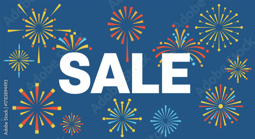 Festive discount celebration with colorful fireworks on blue background