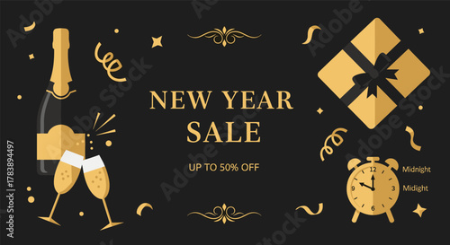 Celebrate new year with a festive midnight sale banner featuring champagne and gifts