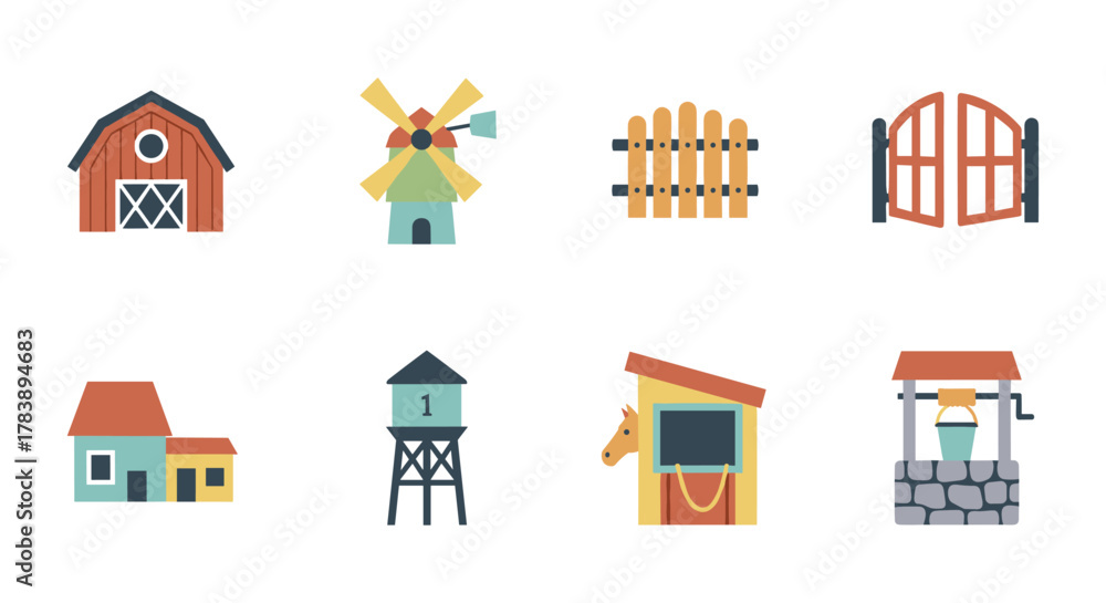 Fototapeta premium Rustic farm elements collection featuring barn, windmill, and more in flat design