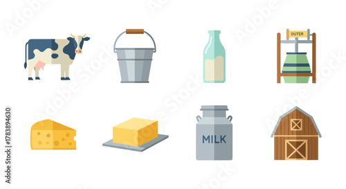 Dairy farm elements collection with cow, milk, cheese, and barn in flat style
