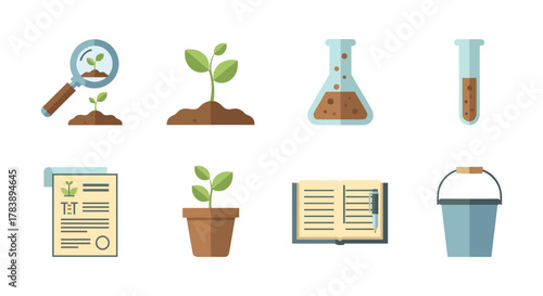 Flat style nature icons: agriculture, laboratory, and growth symbols