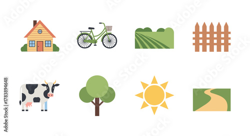 Charming rural icons depicting countryside life with flat design aesthetic