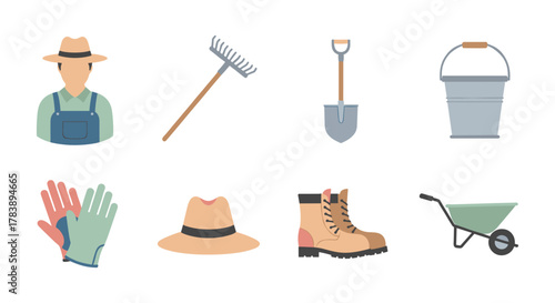 Essential gardening tools and attire in flat design for modern agricultural projects
