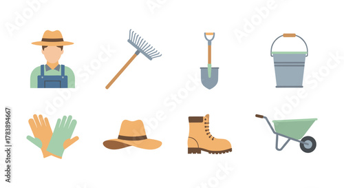 Essential gardening tools and equipment collection in flat design