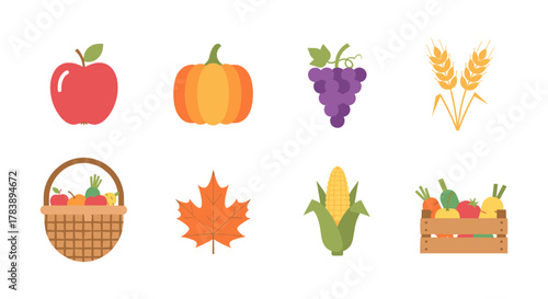 Colorful autumn harvest icons with fruits and vegetables in flat design