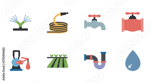 Colorful flat icons of modern irrigation tools and water management systems
