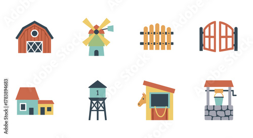 Rustic farm elements collection featuring barn, windmill, and more in flat design