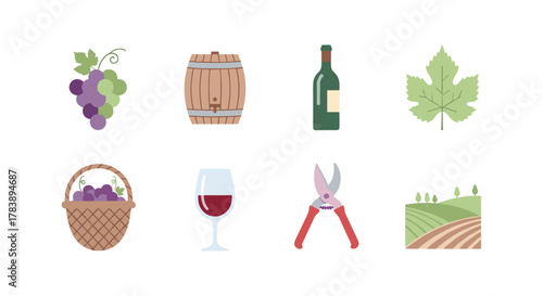 Winemaking icons: grapes, wine barrel, bottle, vineyard tools and landscape