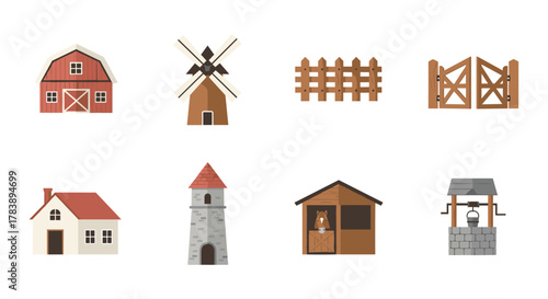 Charming farm elements set with barn, windmill, and more for rustic designs