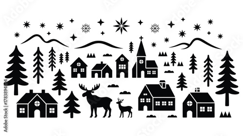 Whimsical black silhouette illustration of a charming winter village with pine trees mountains and reindeer under a starry sky and snowflakes