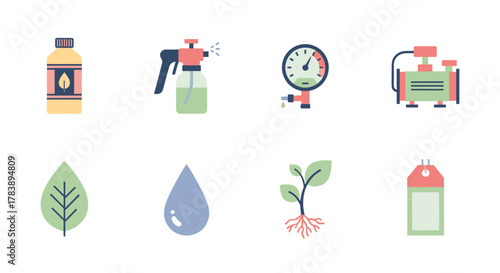 Gardening and plant care icons set: flat design tools and symbols