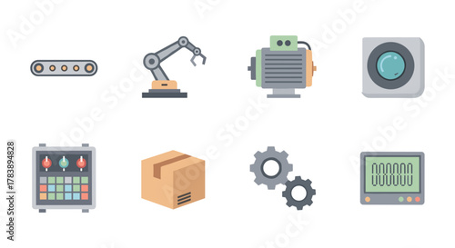 Industrial automation icons set featuring machinery, packaging, and control elements in flat design