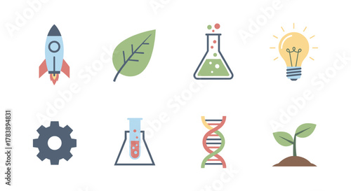 Science and innovation icons set with rocket, leaf, and dna in flat design