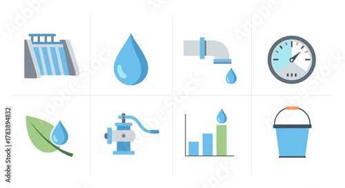 Water conservation icons set featuring modern flat design elements for efficient resource management