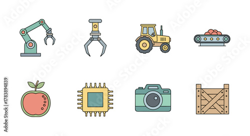 Flat line icons of agriculture and technology equipment