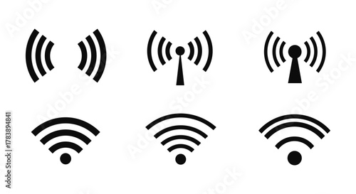 Set of six black wireless and wi-fi signal icons on white background