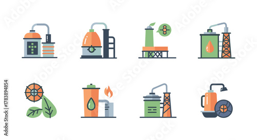 Modern industrial icons set featuring various renewable energy facilities in flat design