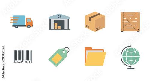 Logistics icons: delivery truck, warehouse, parcel, crate, barcode, tag, folder, globe in flat style