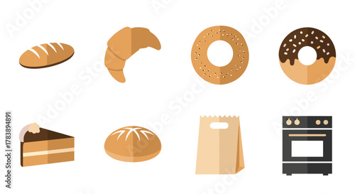 Flat design bakery icons with bread, croissant, bagel, donut, cake, and oven