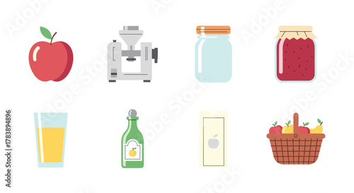 Flat icon set of apple, juicer, jar, jam, juice, vinegar, carton, and basket