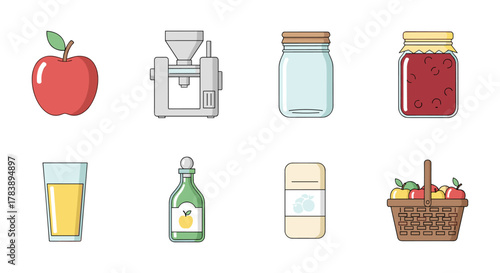 Flat icons of apple, juicer, glass jar, jam, juice, vinegar bottle, carton, and fruit basket